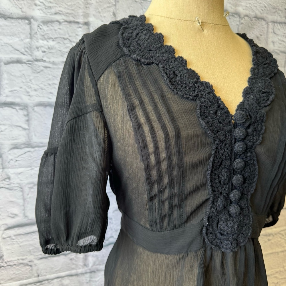 Apt 9 Bohemian Sheer Black Empire Tie Waist Blouse/Top with Crochet Detail Small